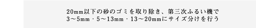 20mm以下の砂のゴミを取り除き、第三次ふるい機で3～5mm・5～13mm・13～20mmにサイズ分けを行う